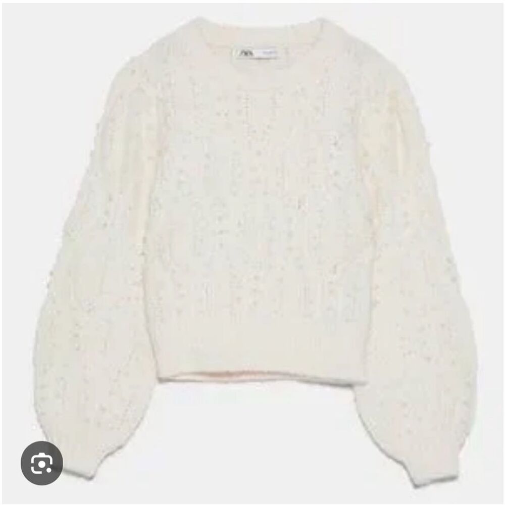 Zara Ivory Faux Pearl Alpaca Wool Blend Balloon Sleeve Sweater Size Medium